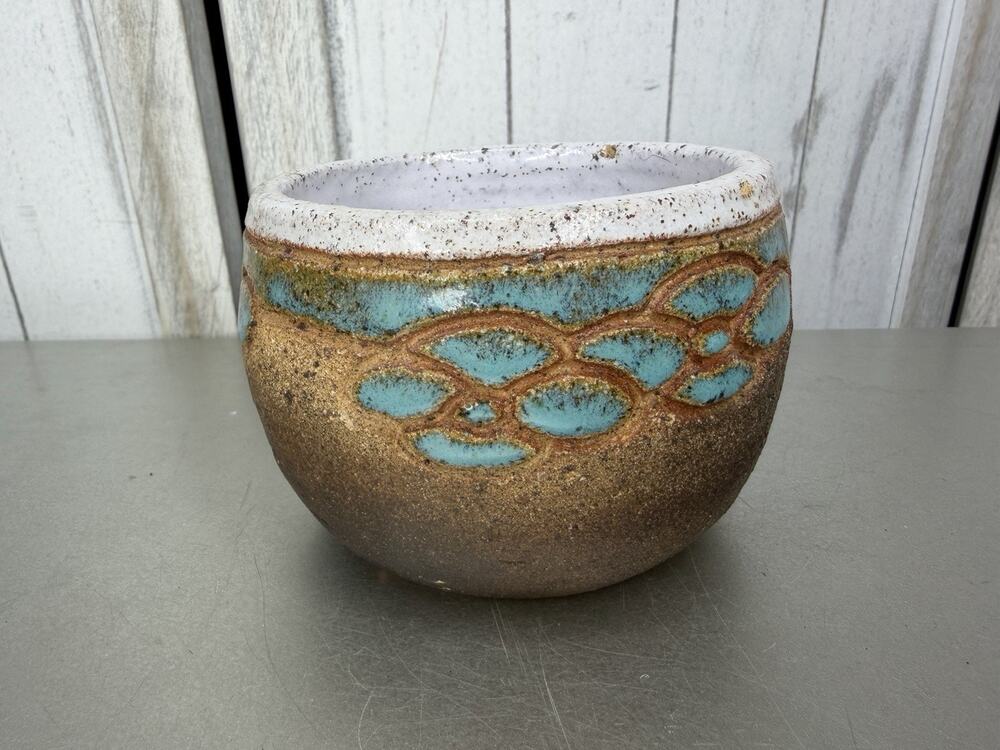 Vintage Mid Century Modern Clay Pottery Planter Bowl Dish Turquoise Signed